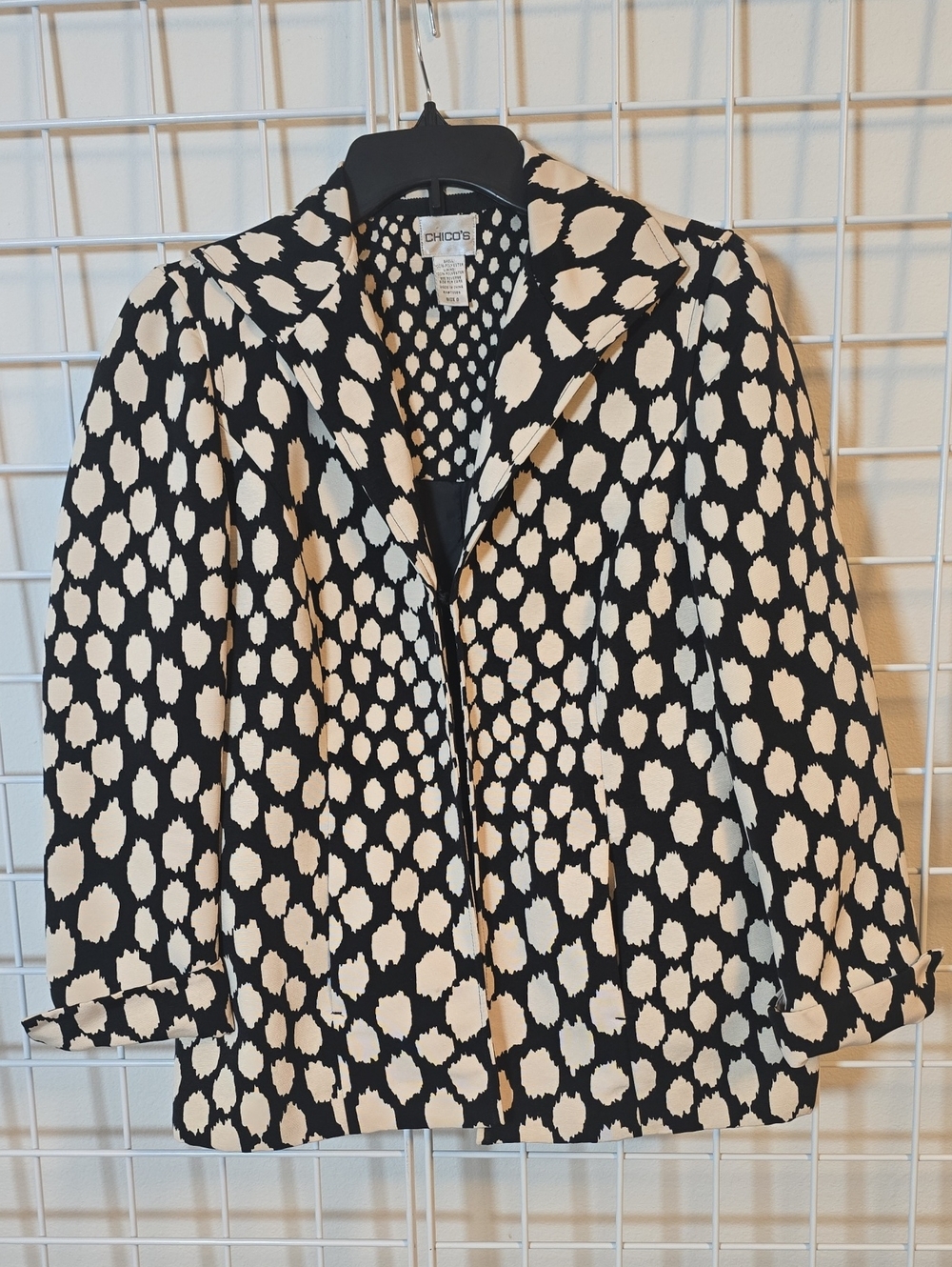 Chico's Black and Off White Spot-Print Blazer Long Cuff Sleeve Size Small